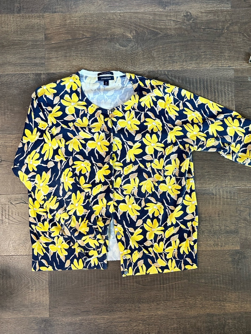 Lands’ End Supima Cotton Floral Cardigan Navy Yellow XL 18